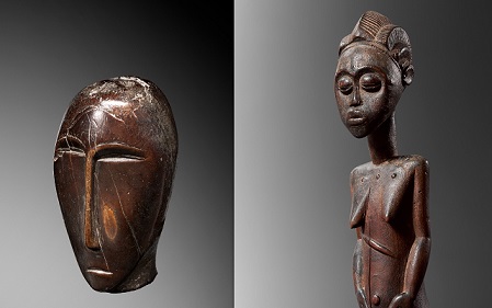 Cabeza esculpida, Okvik, Julien Flak (izqda); Estatua Baule (detalle), Montagut Gallery (dcha)