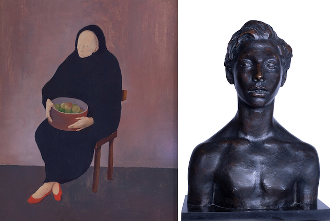 Mujer con cesta de fruta, Montserrat Gudiol; Busto femenino, Josep Clarà